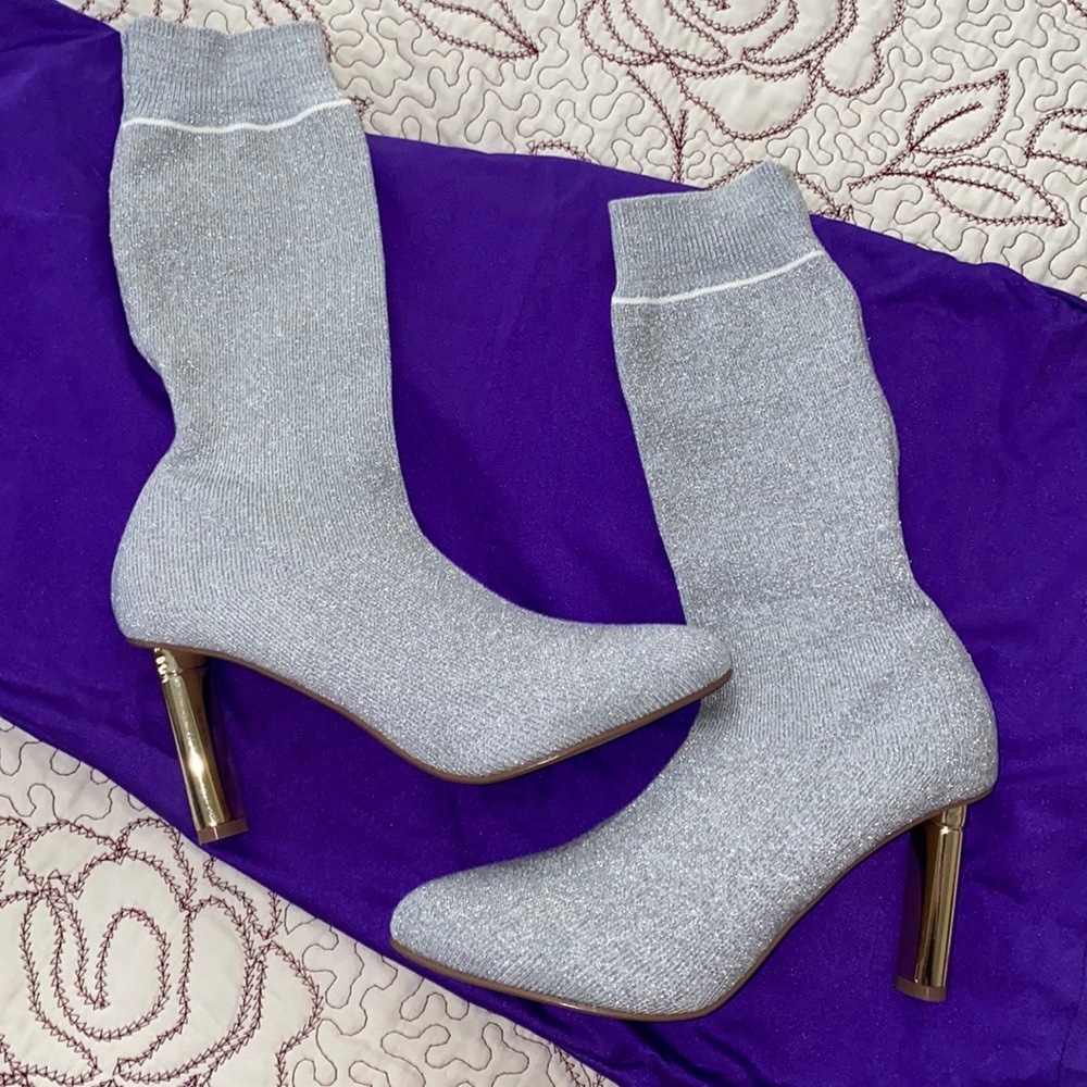 Sexy Sliver/Gray Glittery Sock High Heel Booties Gold Heel